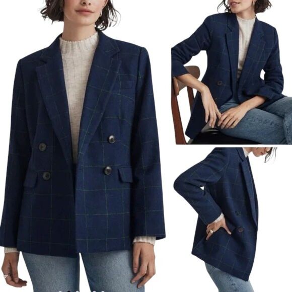 Madewell Jackets & Blazers - Madewell Women Size 8 Rosedale Blazer Fresh Blueberry Plaid Navy Blue Green